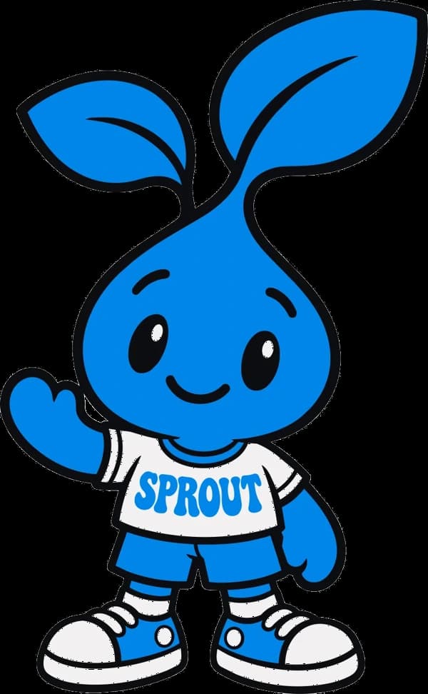 Sprout, a smiling blue sprout mascot, waving hello